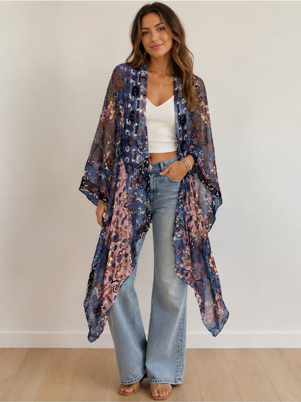 Free People Mix Print Kimono Boho Paisley Floral Open Front OS