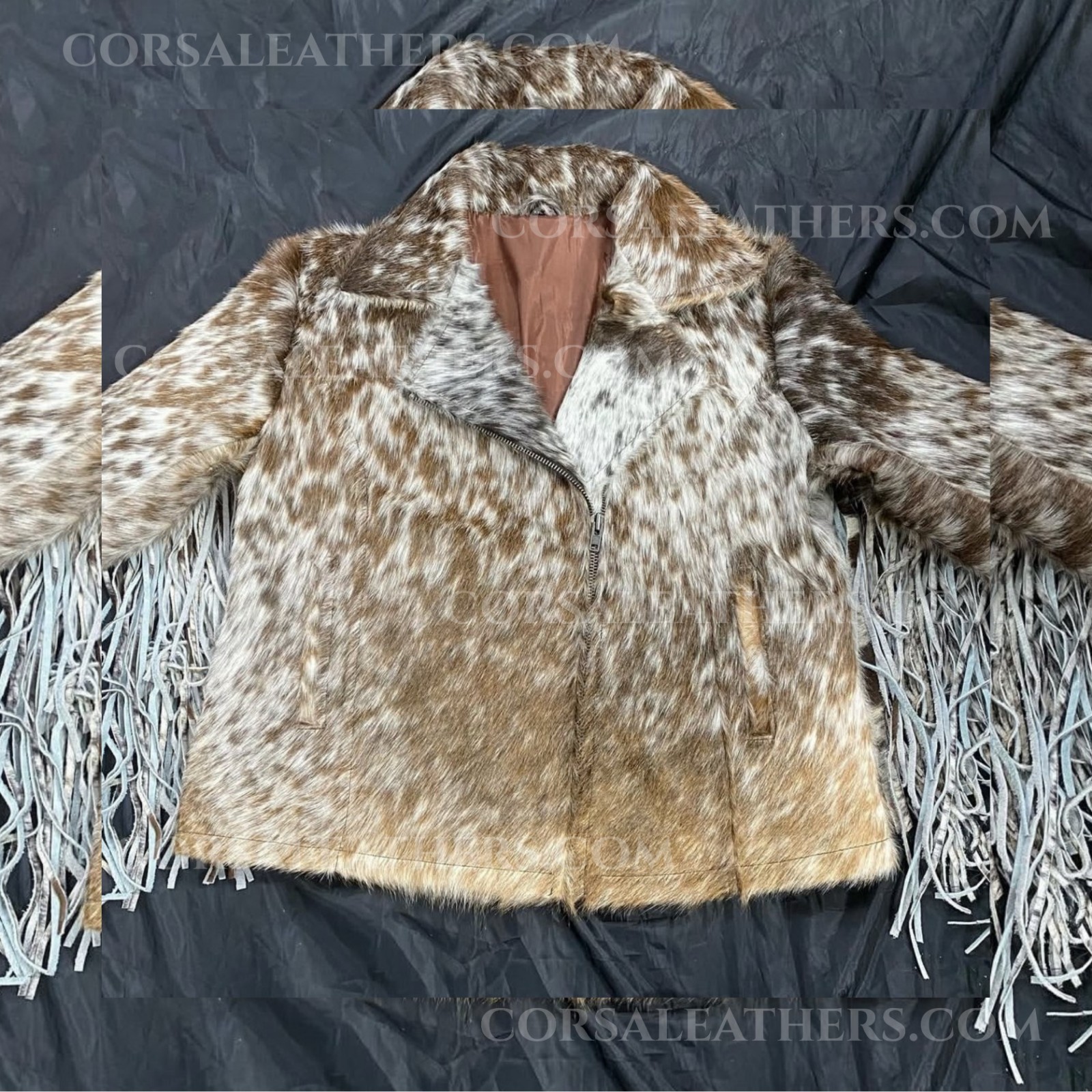 Women’s Genuine Hair on Hide Fringe Jacket Real Cowhide Western Rodeo Boho Style