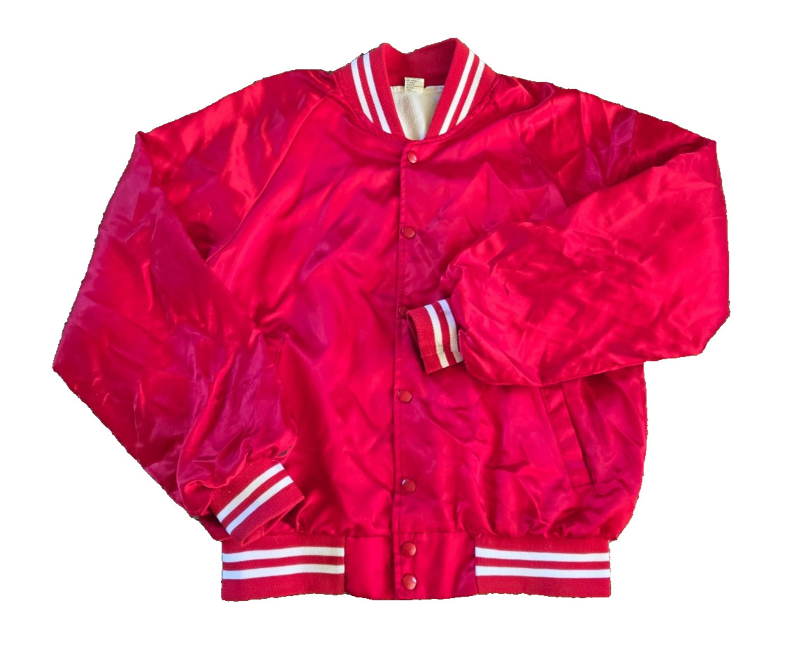 Vintage Satin Jacket Medium Red White Stripes, Baseball, 80s