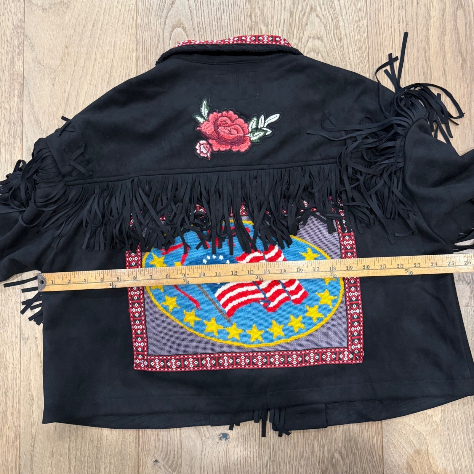 Lesal Up-Cycled Treasures Fringe Western Jacket 1776 Flag Large