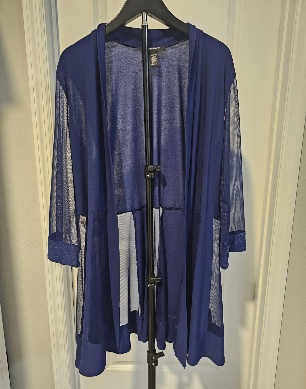 R&M Richards Women’s Blue Sheer Open Front Kimono Jacket 3/4 Sleeve XL