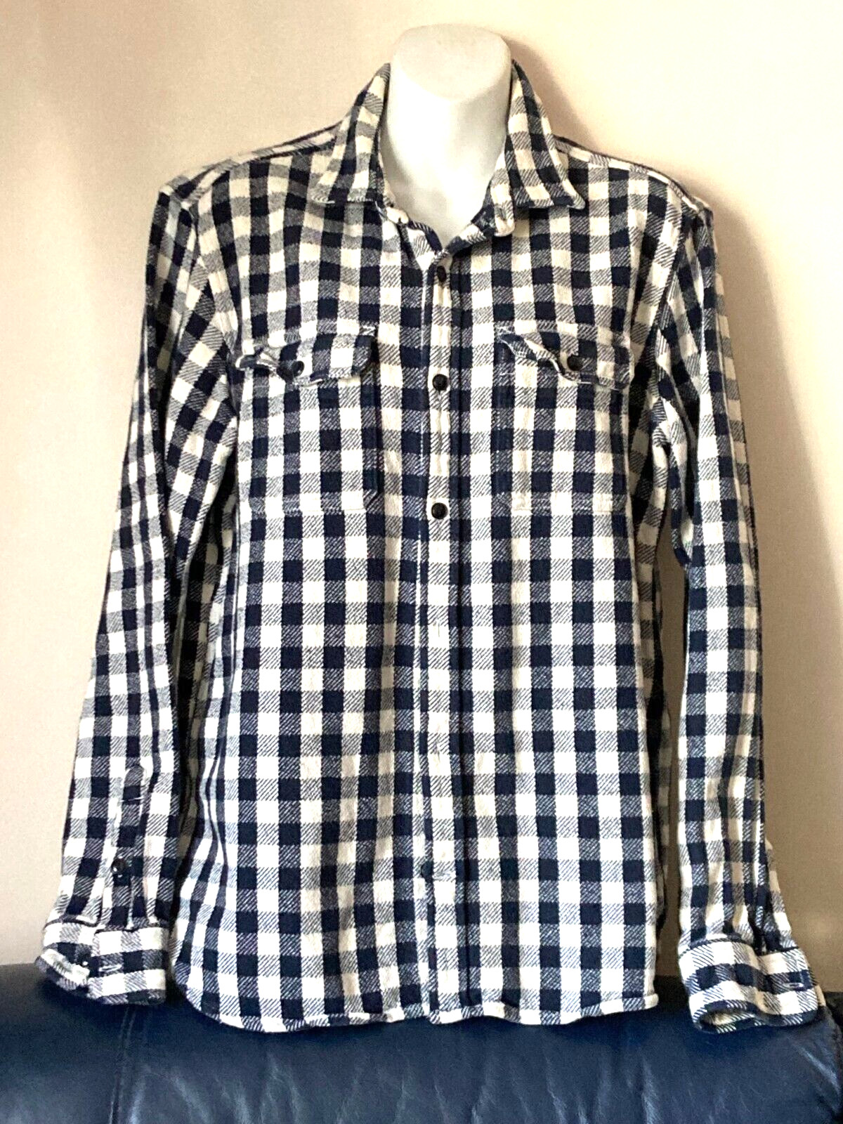 Gap Women’s Sz Medium Standard Fit Shacket Shirt Jacket White Navy Plaid Cotton
