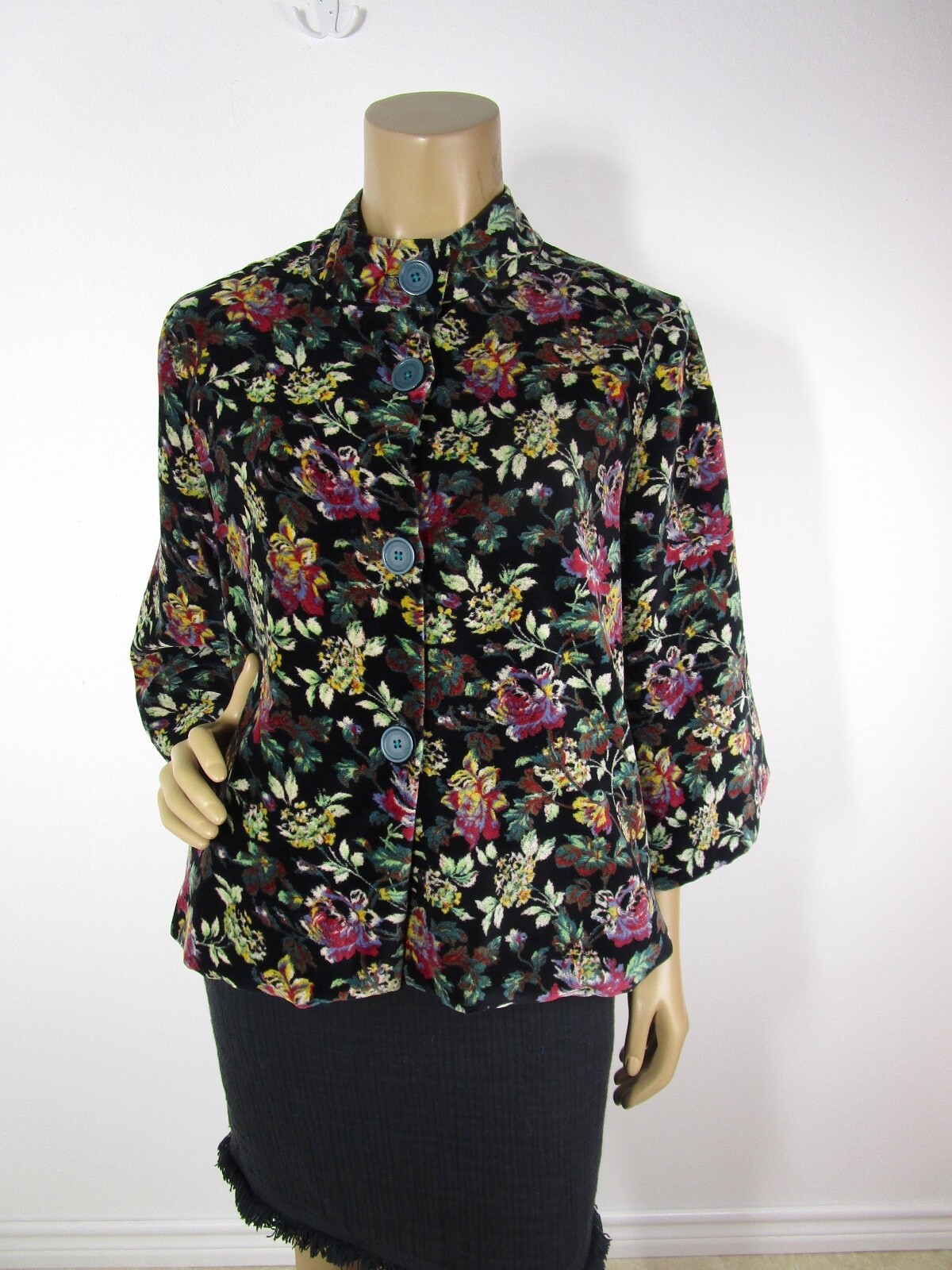 April Cornell Greta’s Garden Velvet Swing Coat Size M Black Multi Color Floral