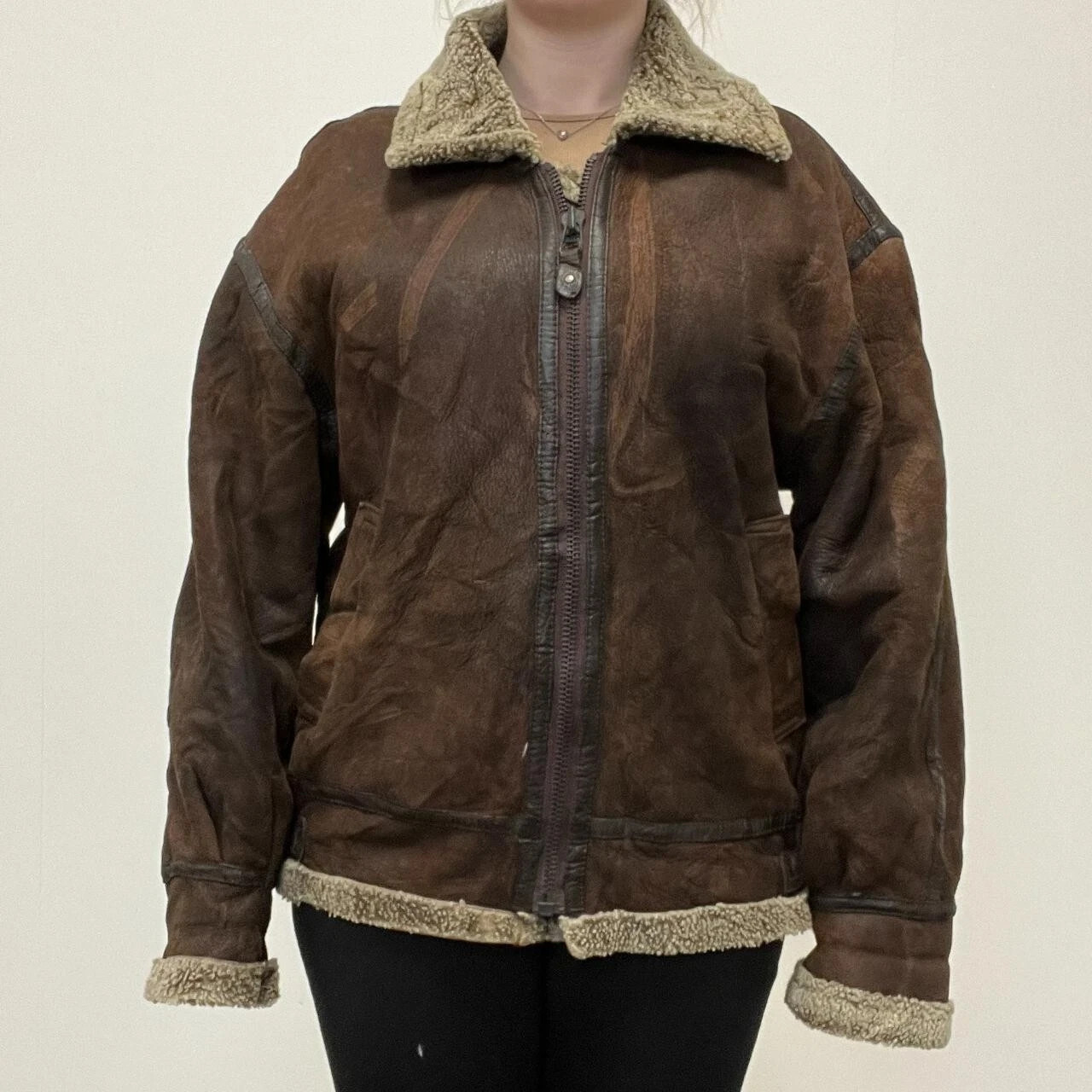Aviator Pilot Style Brown Real Sheepskin Shearling Jacket Size XXL – Zip