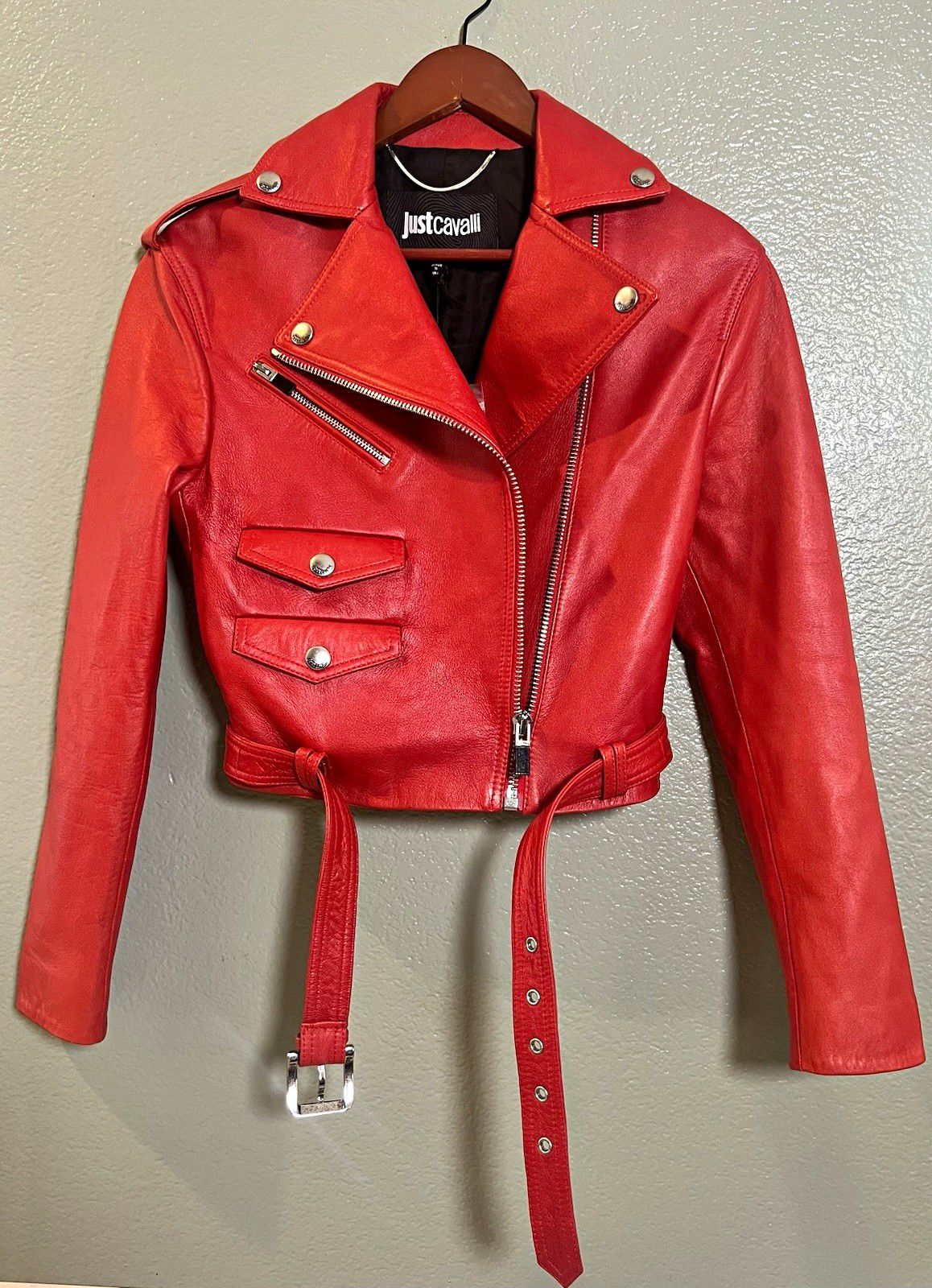 Just Cavalli NWT rare Women’s Red Biker Moto Jacket Full Zip Classic capsule 38