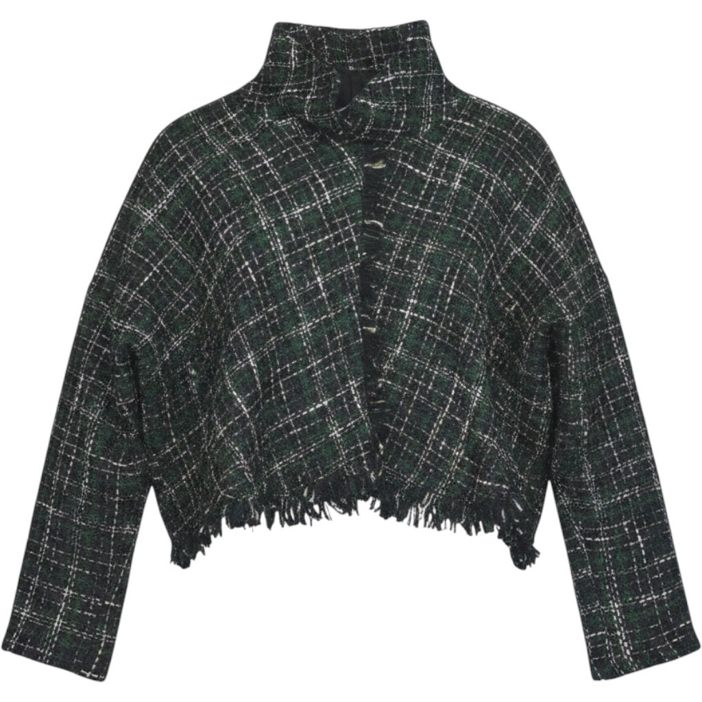 Zara Woman Green Plaid Tweed Cropped Funnel Neck Pullover Jacket Frayed Hem S