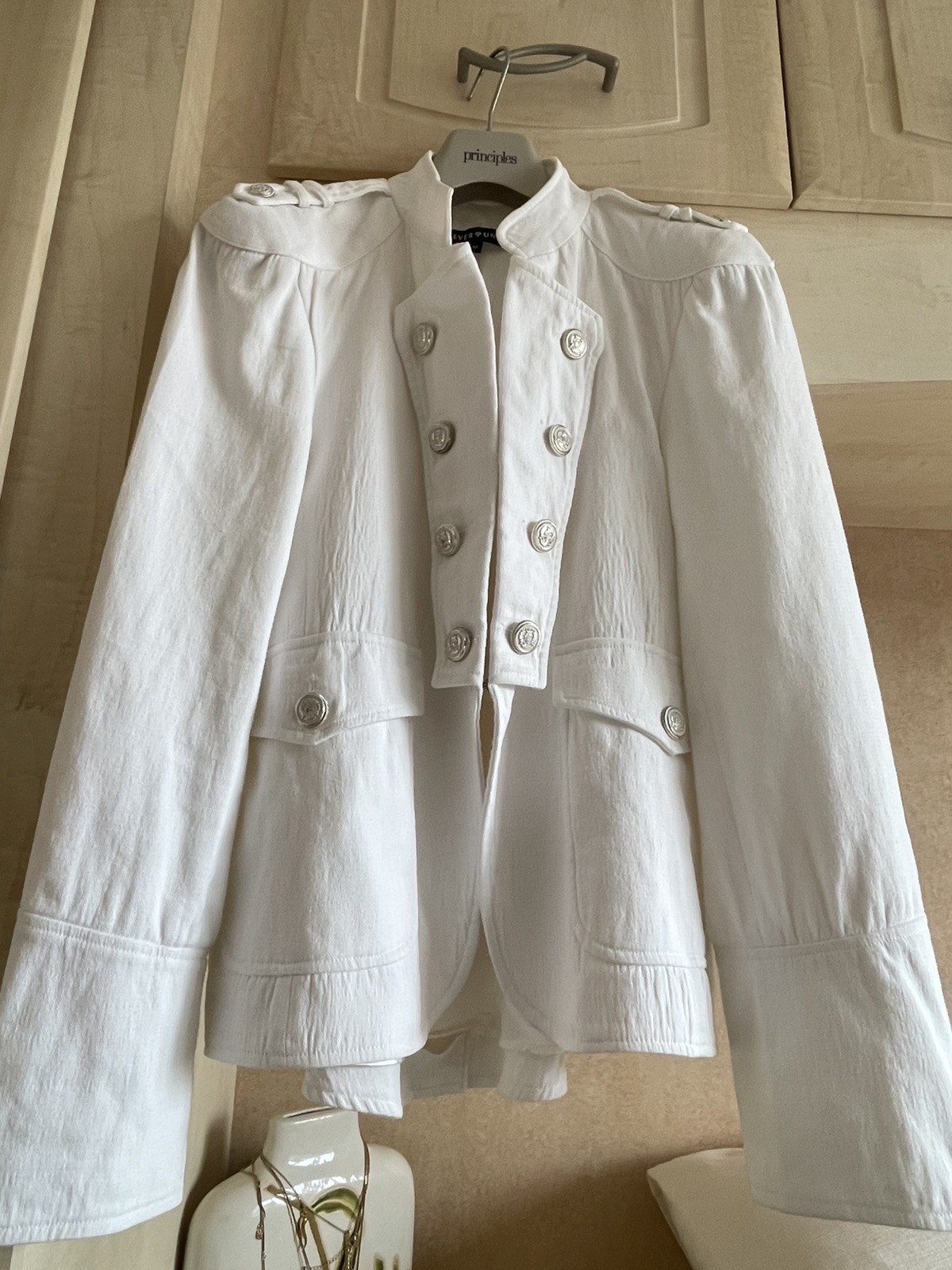 White Military/Nauticsl Jacket UK Size 12 Butyon front design by Forever Unique