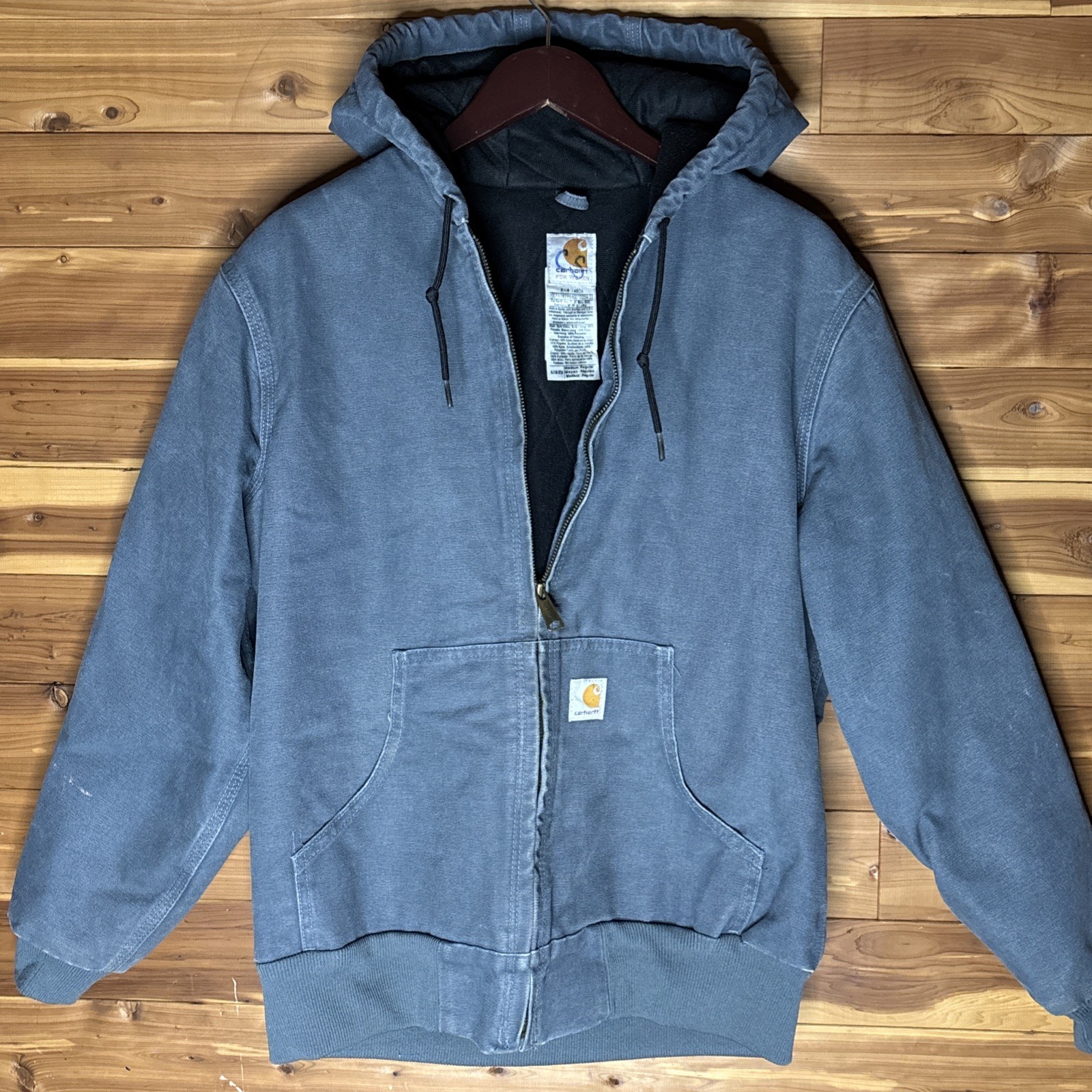 Rare Vtg Y2K Carhartt WJ130 Storm Blue Hooded Duck Canvas Workwear Jacket Sz M