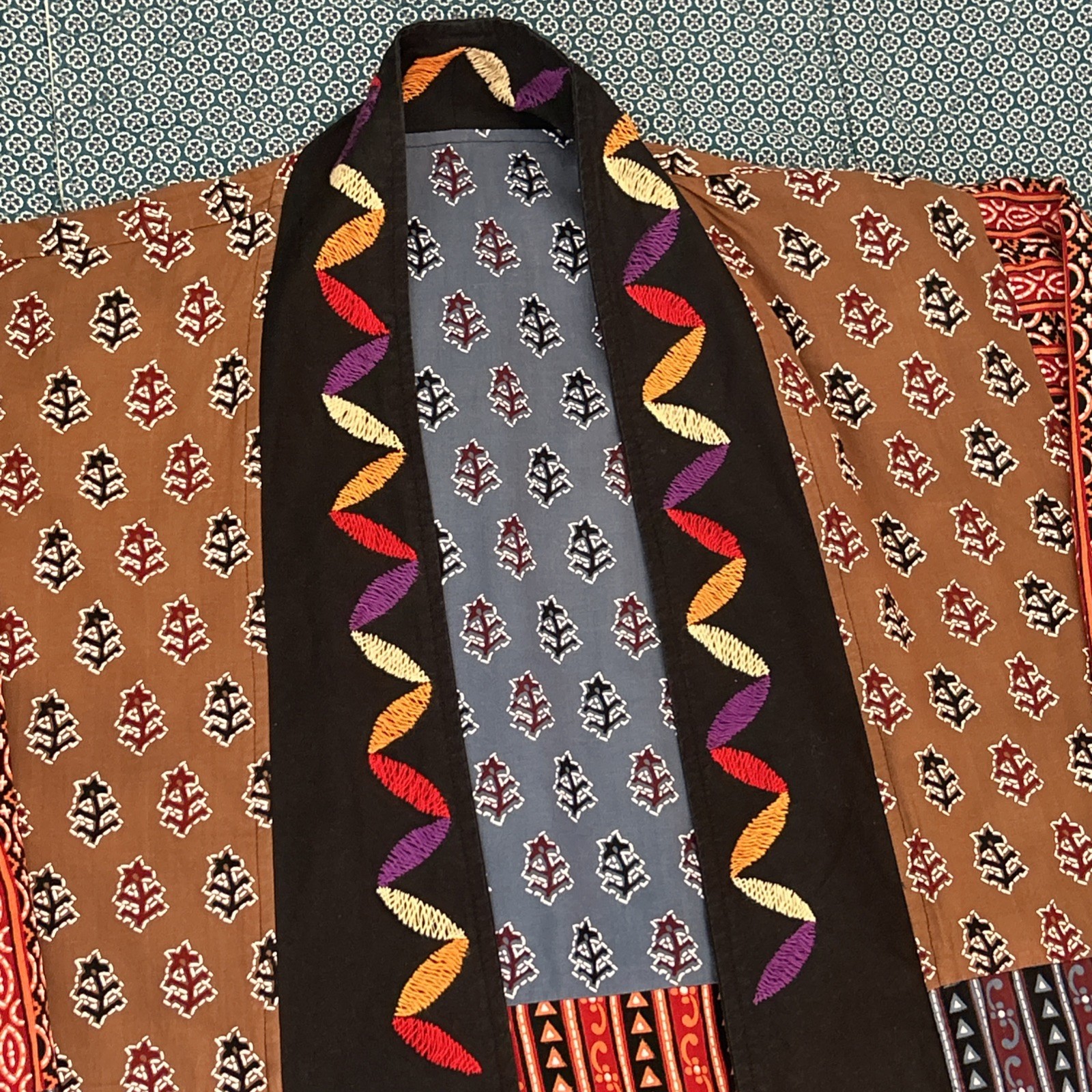 Women’s XL Patchwork Kimono Duster Long Hand Crafted Embroidered Reversible OOAK