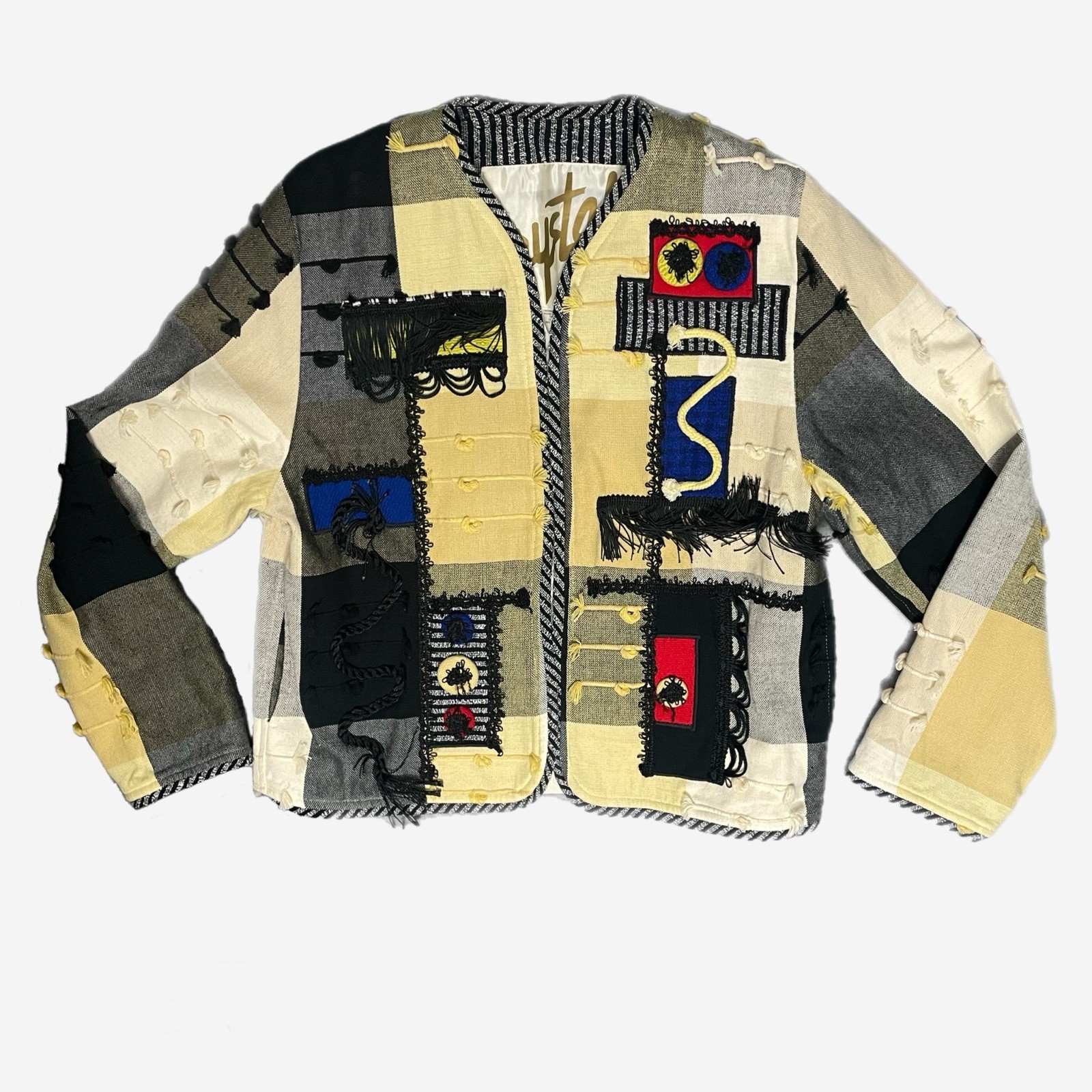 Vintage 80s/90s Crystal Patchwork fringe handwoven textured jacket art to wear M
