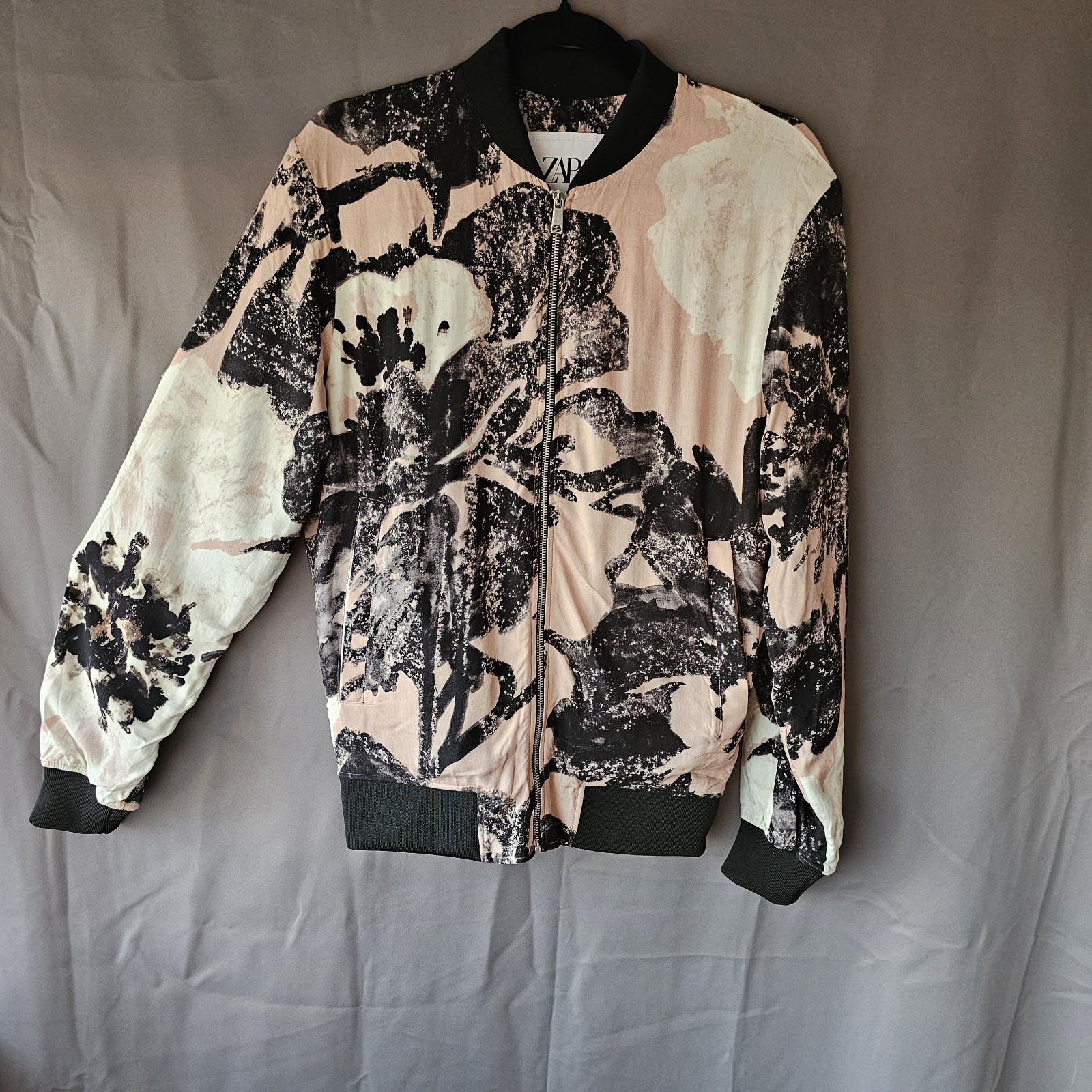Zara Floral Bomber Jacket Lightweight Zip Pink Black Size S Relaxed Fit