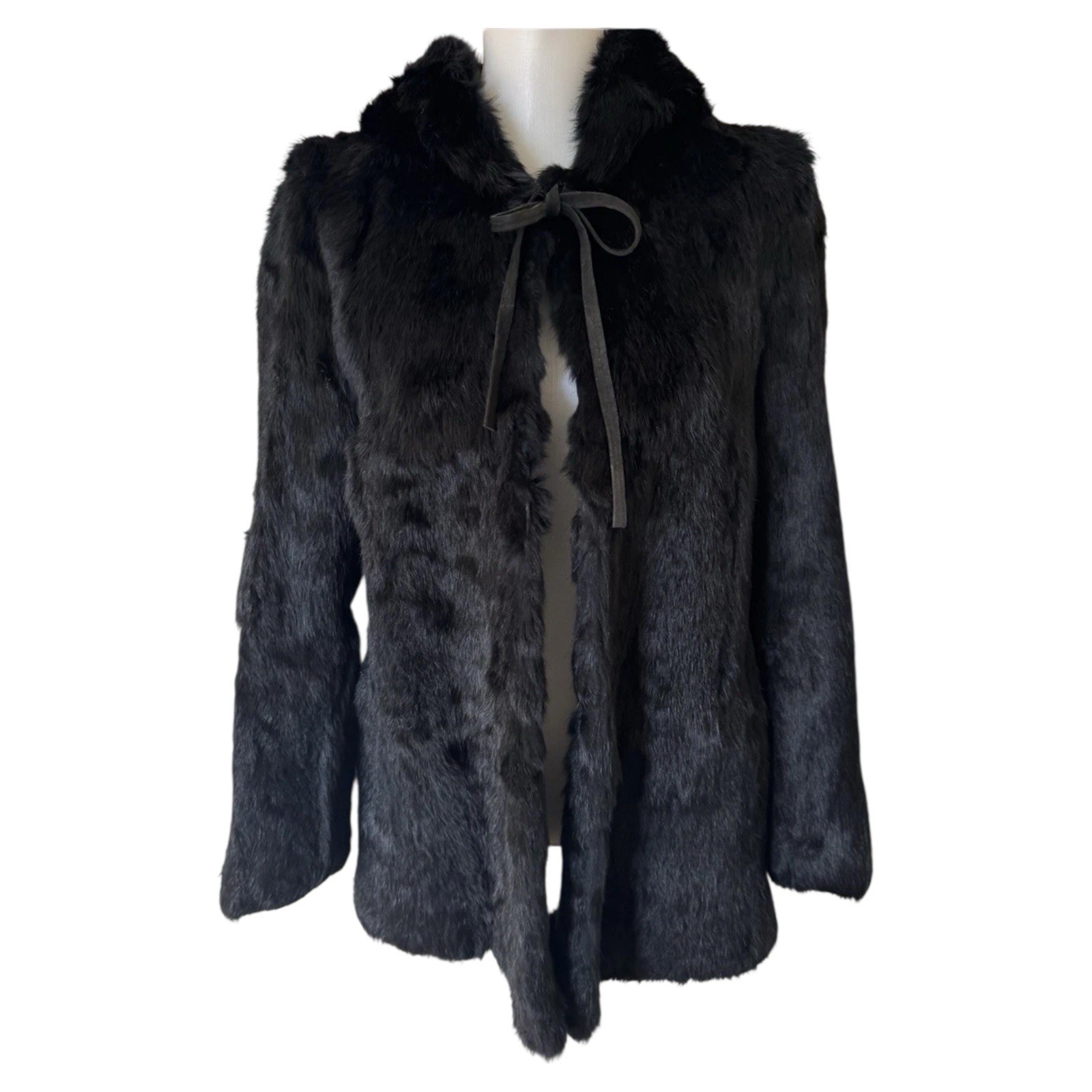 VTG Black Rabbit Fur Coat Jacket Tie Hooded Lined Women’s S/M? Hong Kong Made